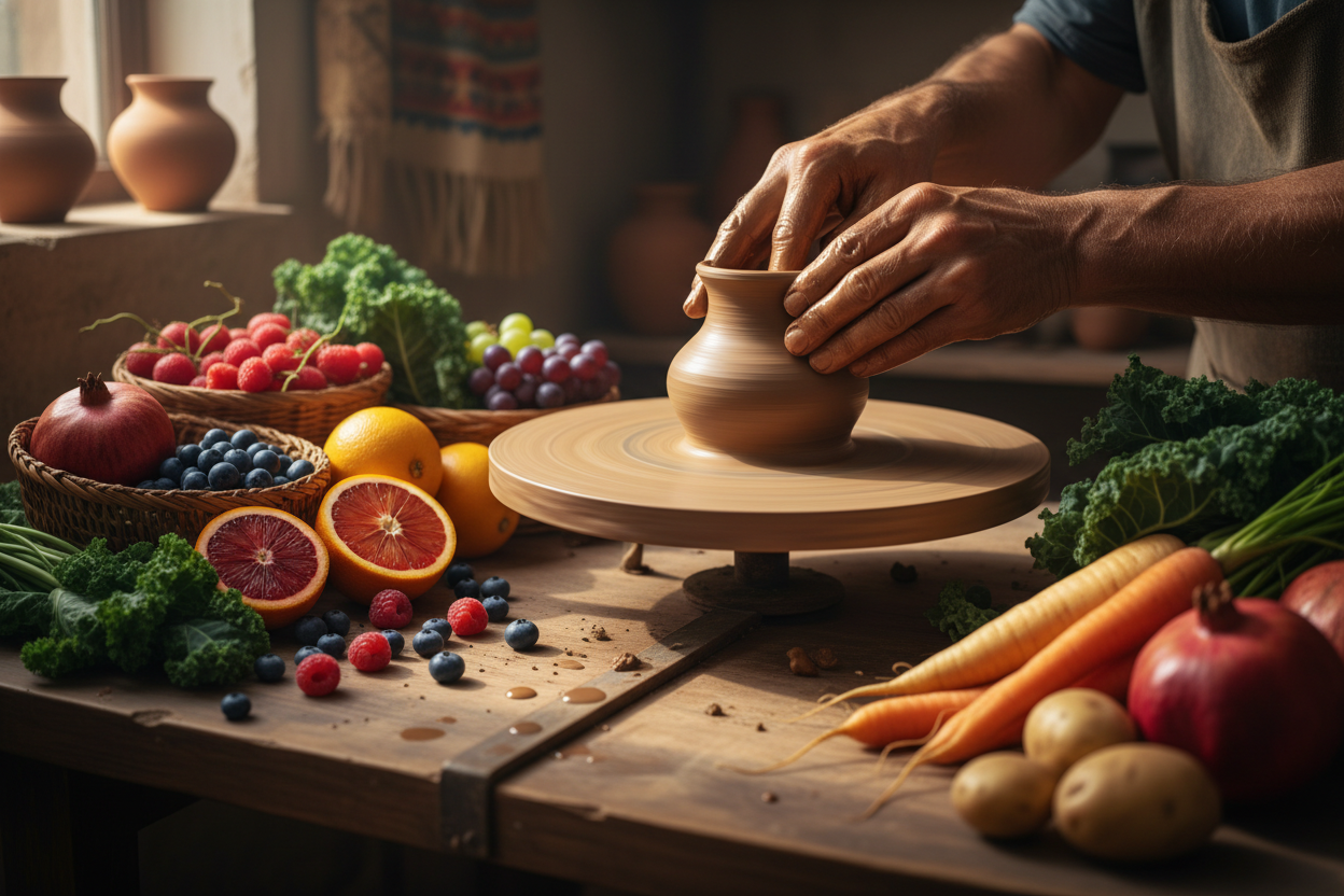 Show only the hands and clay but surrounded by fruits and vegetables